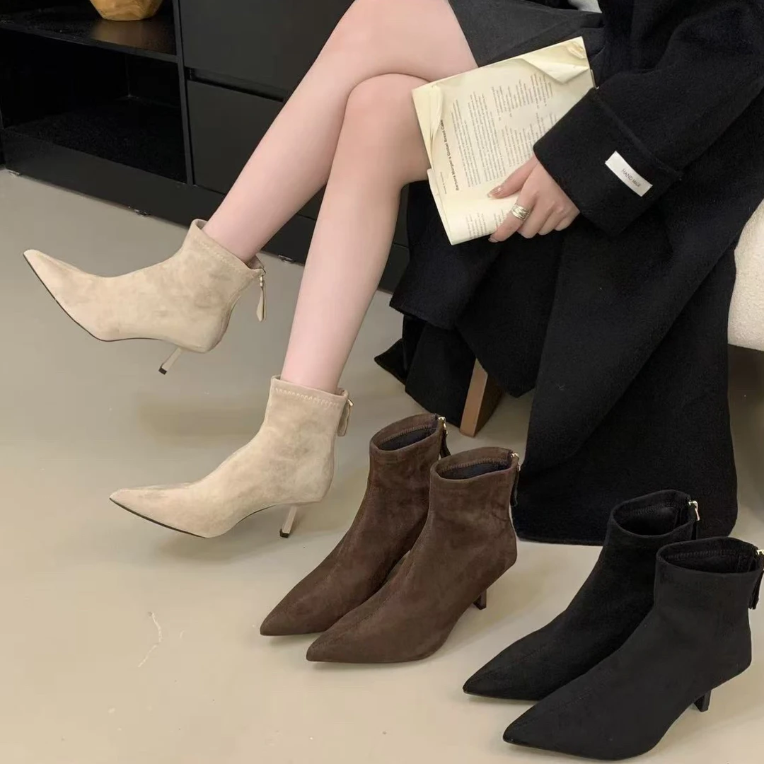 5CM尖头细跟瘦瘦靴女绒面软底舒适高跟短靴X168-2