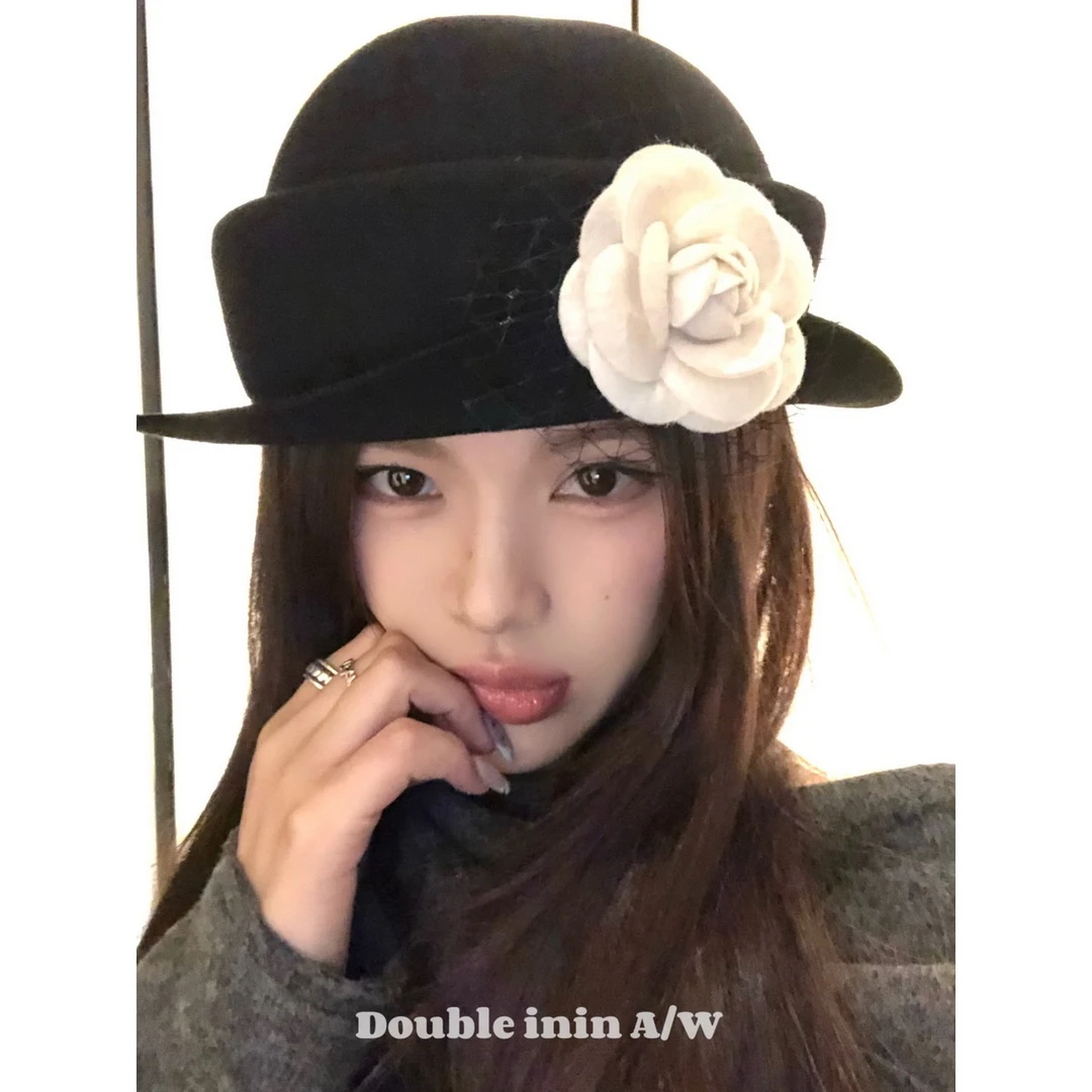 Double inin 山茶花千金风优雅气质礼帽女秋冬复古显脸小渔夫帽