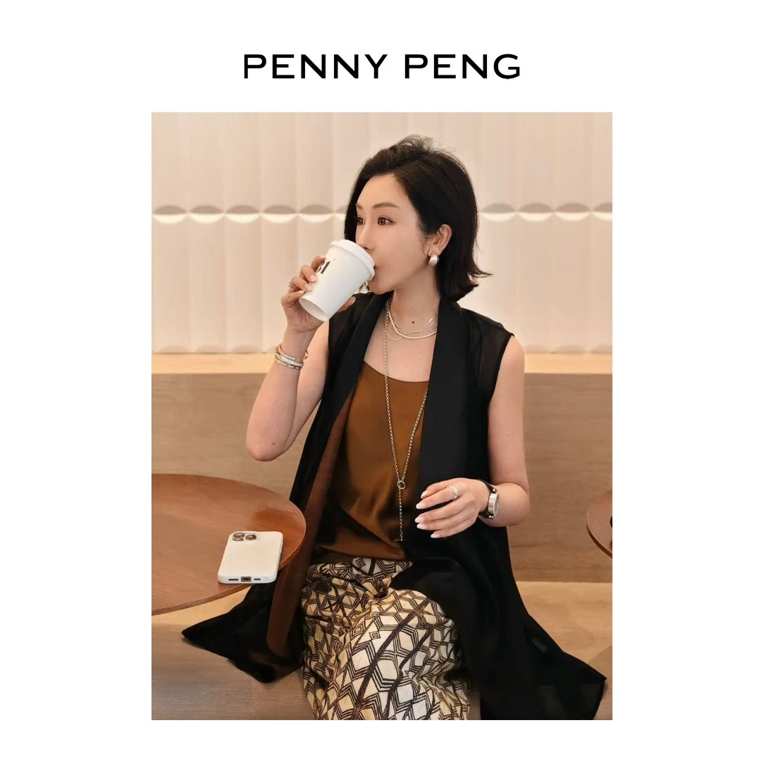 PENNYPENG风谷穿行桑蚕丝老钱风品质小众黑色香云纱拼接真丝开衫