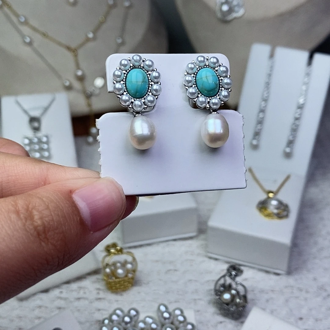 银S925镶嵌淡水珍珠耳饰