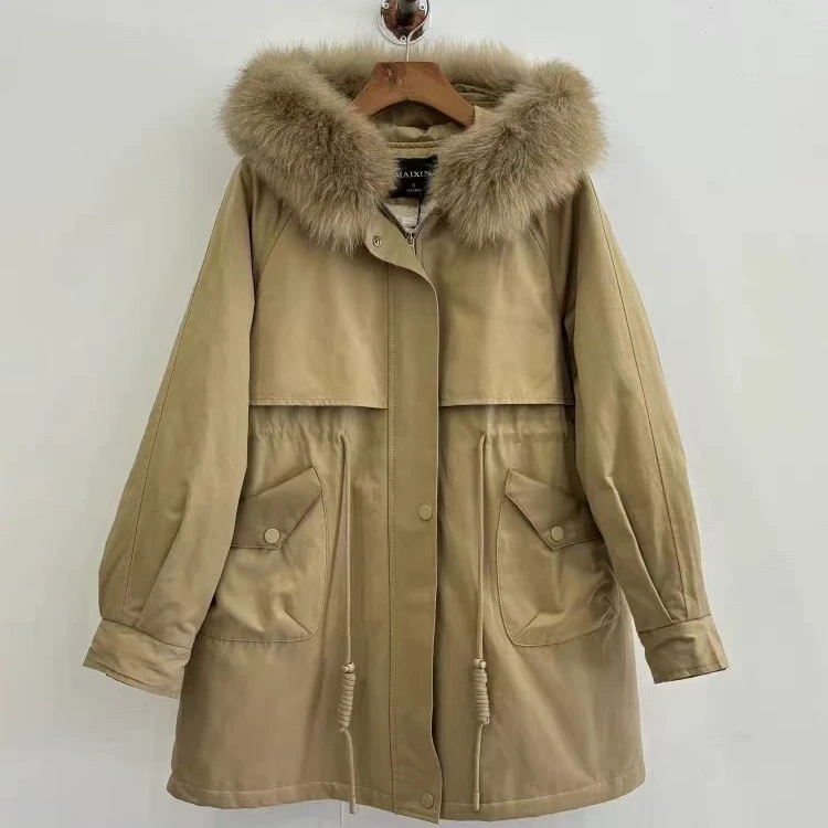 卡其色保暖韩版派克服冬季棉服加绒加厚中长外套