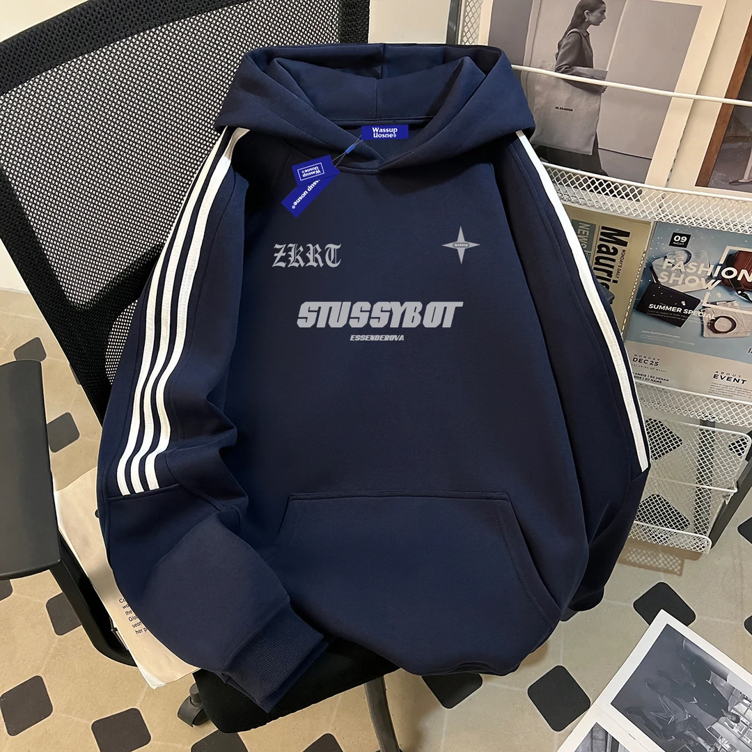 美式潮牌藏青色复古连帽卫衣男三条杆秋季boxy挺阔休闲拼接上衣服