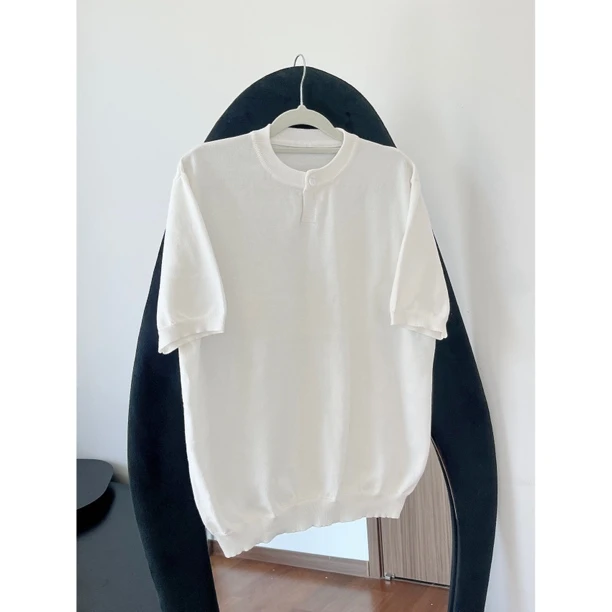 胖头鱼复古亨利基础款领针织短袖T恤女休闲百搭cleanfit老钱上衣