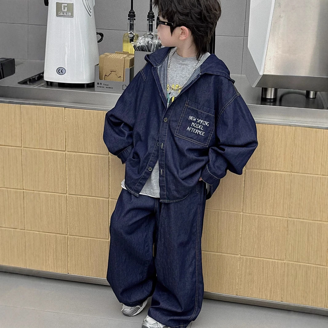 A.MU2025春夏新款儿童原色单宁牛仔套装衬衫外套裤子两件套男童潮