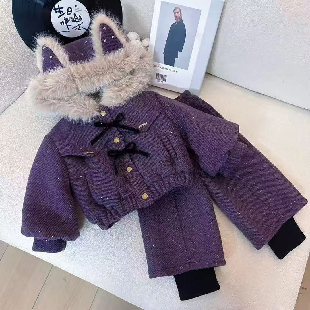 女童呢子套装加绒加厚2025新款秋冬季毛毛外套直筒长裤冬装两件套