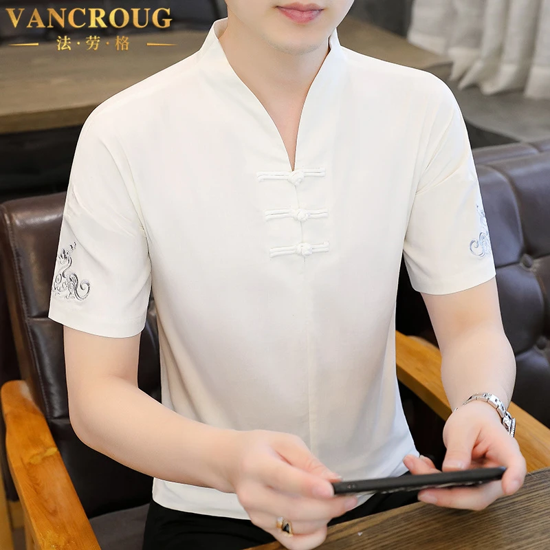 VANCROUG/法劳格短袖t恤男士夏季新款中i国风V领薄款中式盘扣上衣