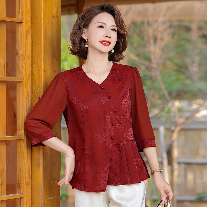 夏套装时尚衬衫中年妈妈新款洋气中老年女装衬衣宽松奶奶衣服春夏