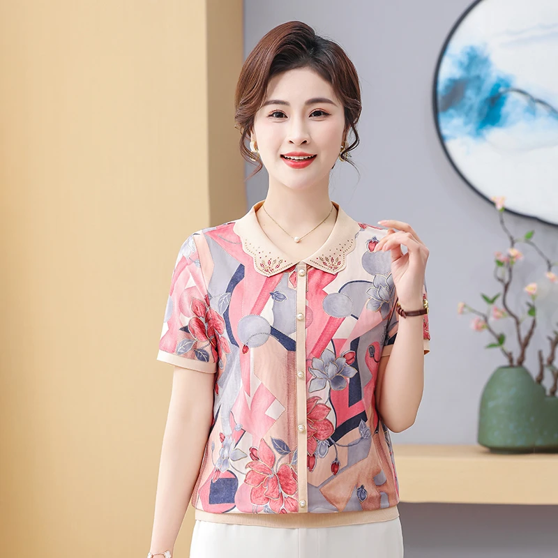 中年妈妈装夏季短袖T恤2025新款中老年宽松洋气时尚冰丝小衫套装
