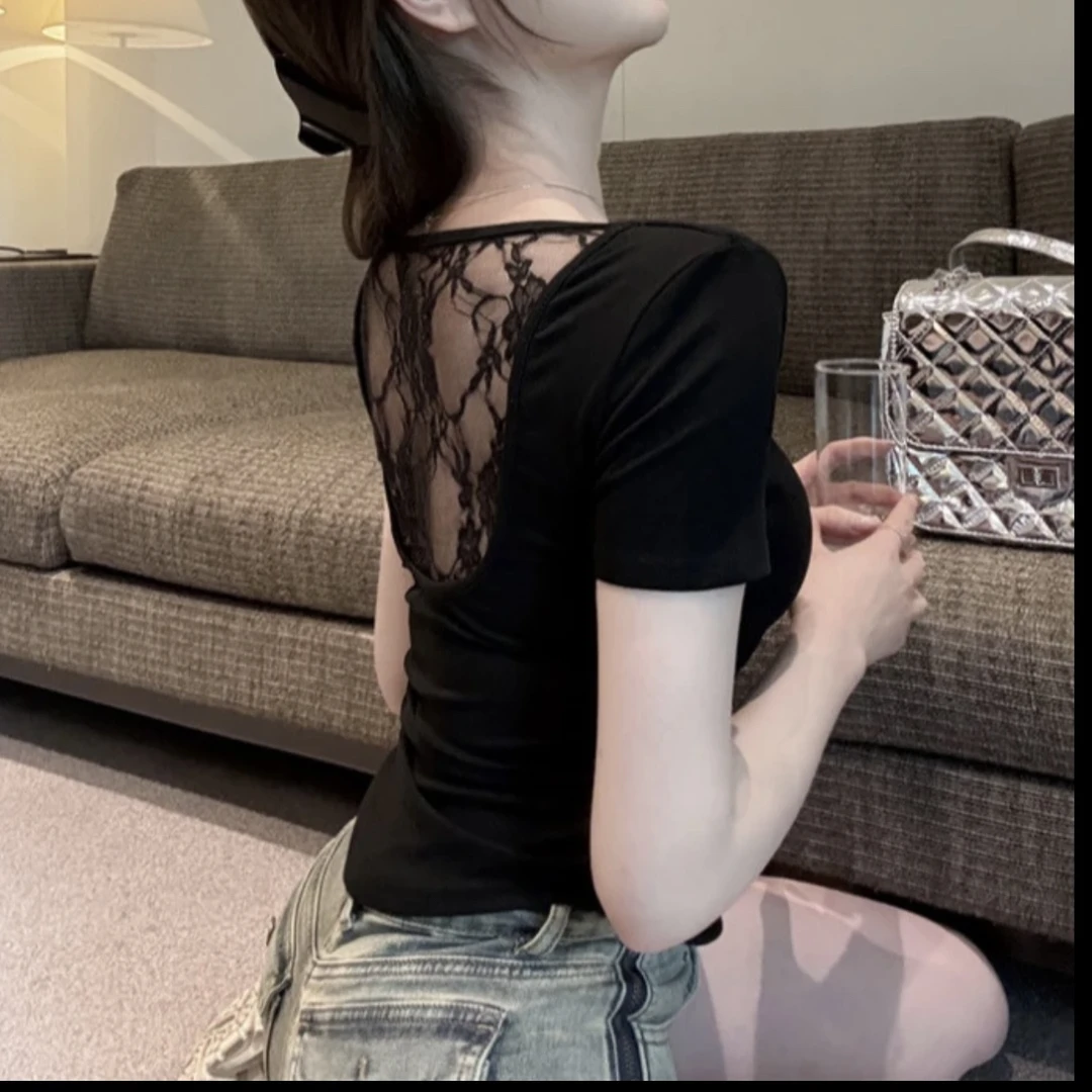 纯欲风性感蕾丝拼接短袖T恤女春夏季辣妹U领修身显瘦短款百搭上衣