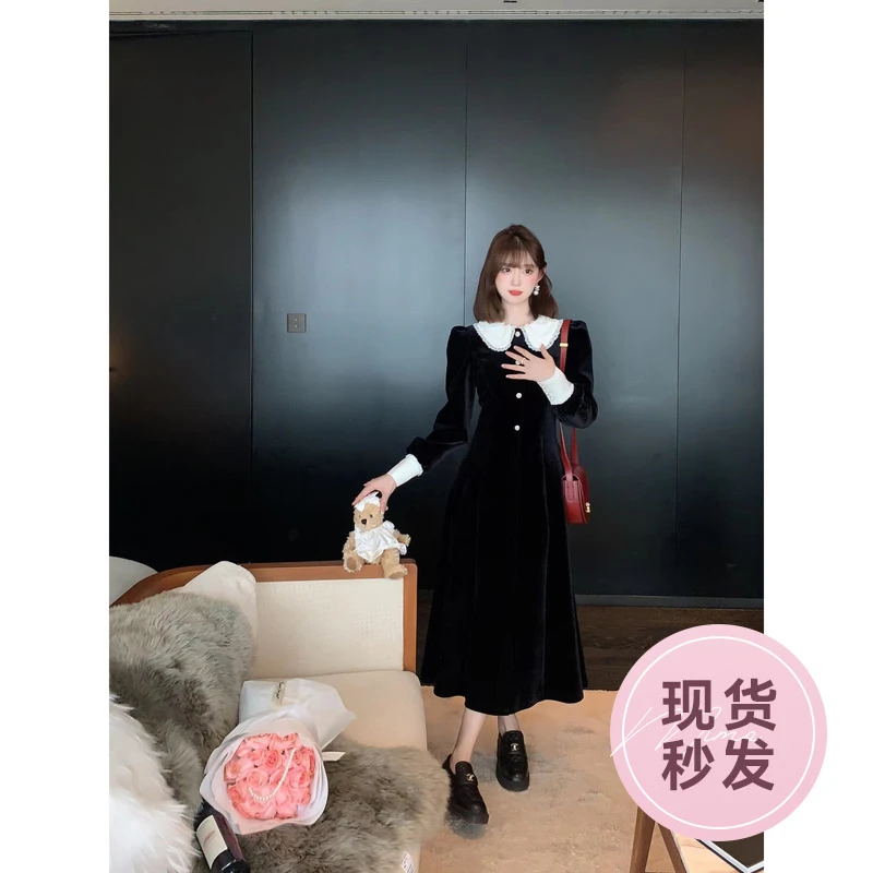 Mimo小茗萌 娃娃领丝绒连衣裙女冬2022新款中长款小黑裙子