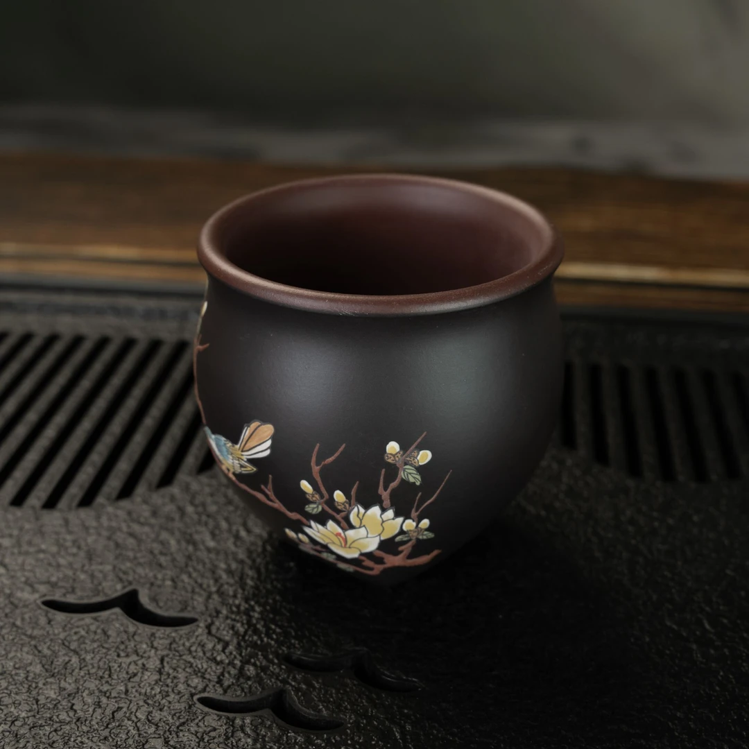 NX-Z33宜兴紫砂原矿手工紫泥喜鹊报春杯子150CC