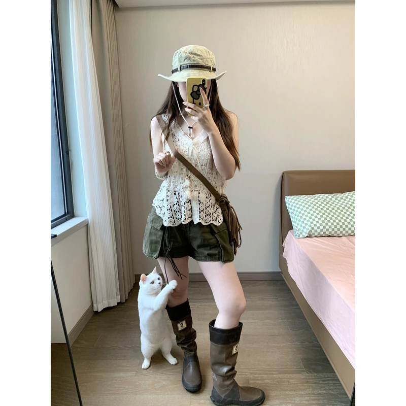 小沈美眉微胖梨形显瘦大口袋工装牛仔短裤夏直筒高腰显瘦热裤女