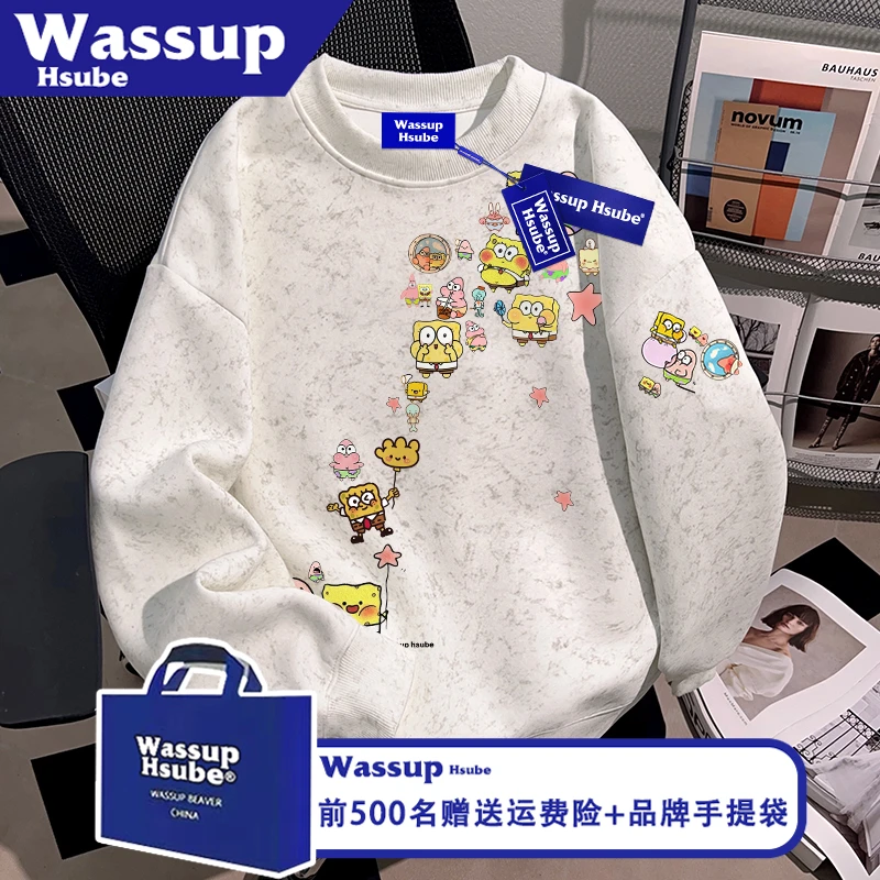 WASSUP HSUBE高街男女卡通风秋冬季上衣海绵宝宝印花蜡染加绒卫衣