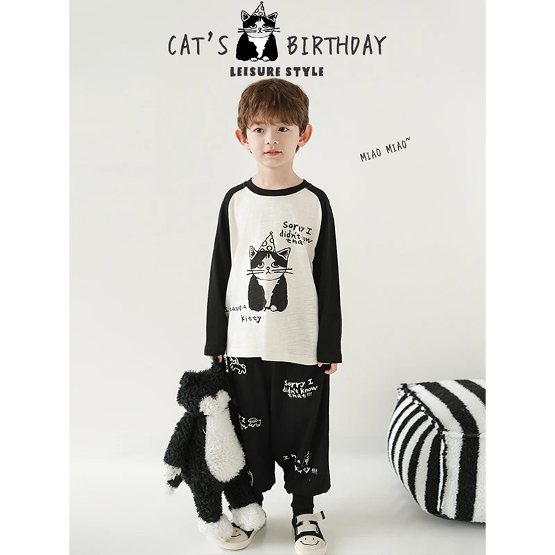 淸  幼悠春一波 【生日猫咪】男童卡通猫咪印花系列T恤 N5781