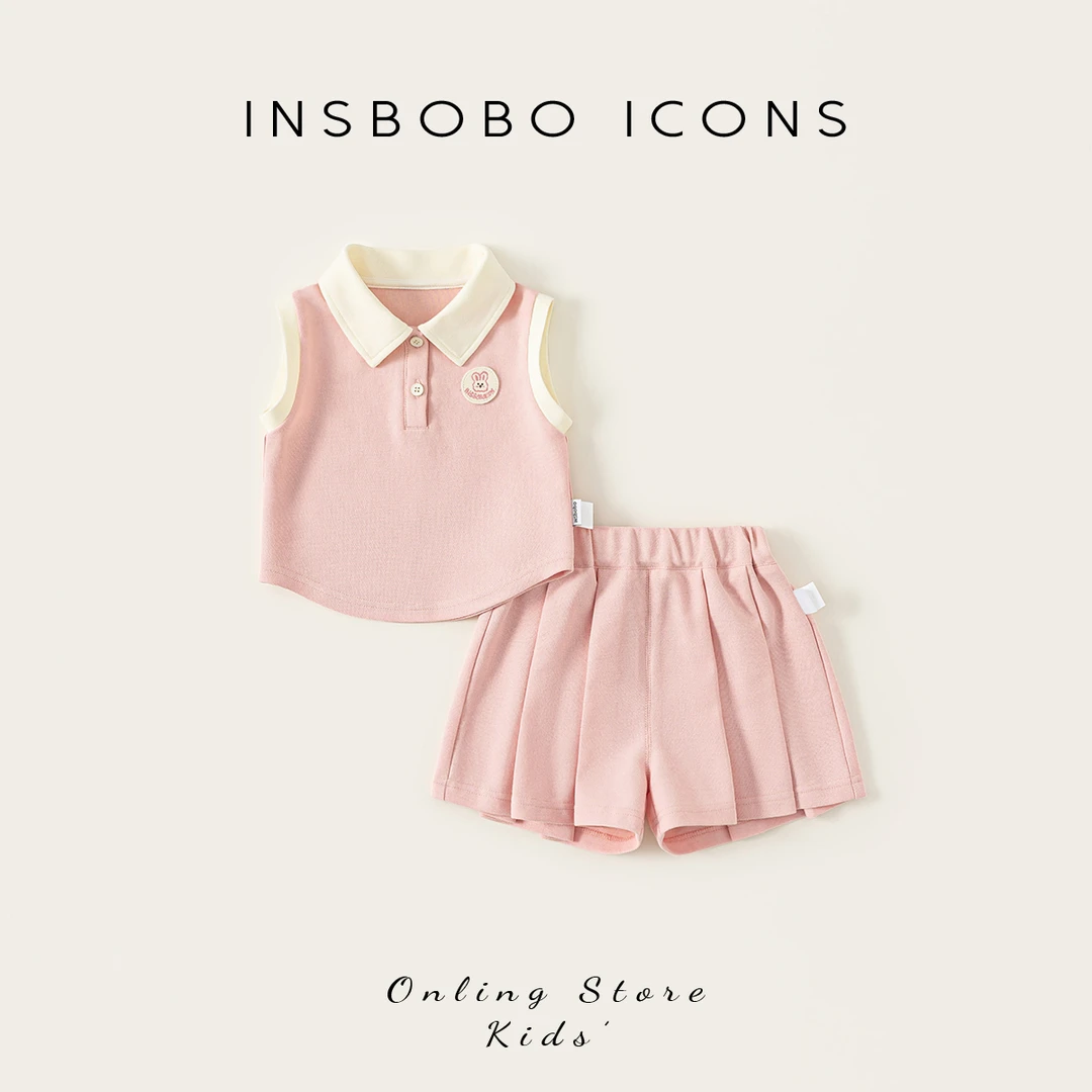INSbobo女童套装夏季甜美翻领撞色无袖上衣牛筋腰伞型裙裤XT25378