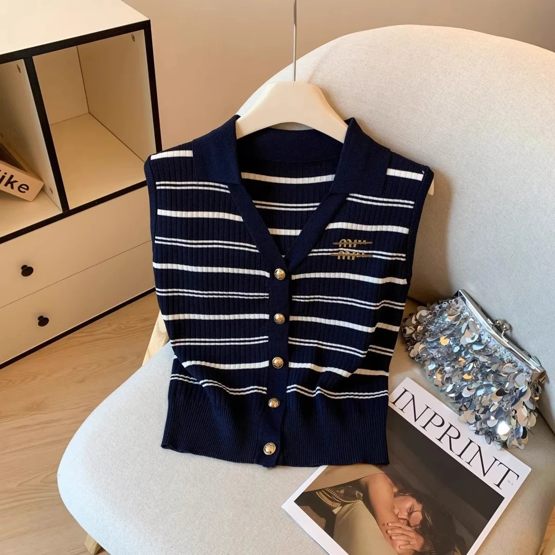 法式轻奢高级感小香风无袖马甲女夏季刺绣polo领针织背心修身上衣