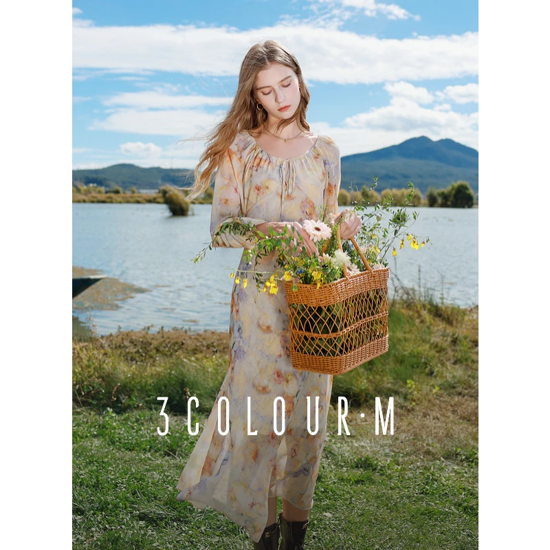 三彩2025春季新款法式复古雪纺碎花裙连衣裙大摆长裙浪漫Mdbx