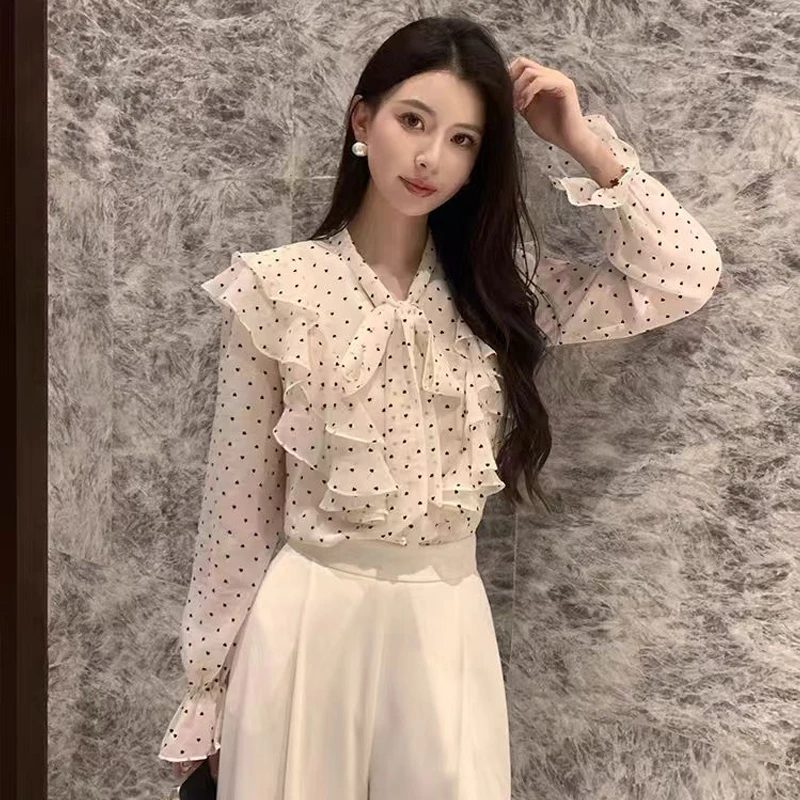 法式气质名媛甜美荷叶边衬衫女百搭长袖显瘦洋气减龄波点雪纺衫