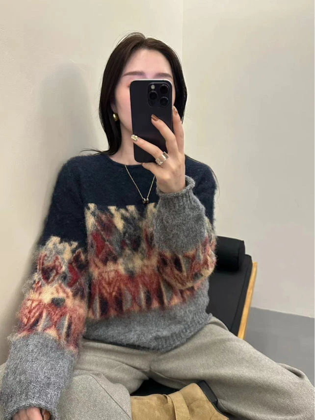 2025年冬套头新款韩系设计感简约时尚慵懒风针织衫宽松2150