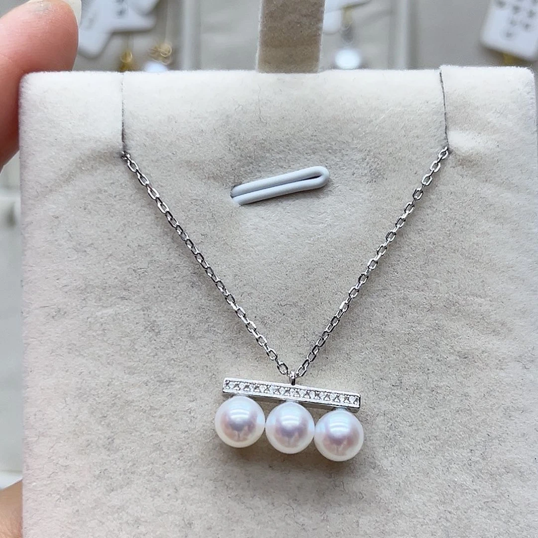 坠链均925银无镶嵌套链平衡木淡水珠吊坠6mm