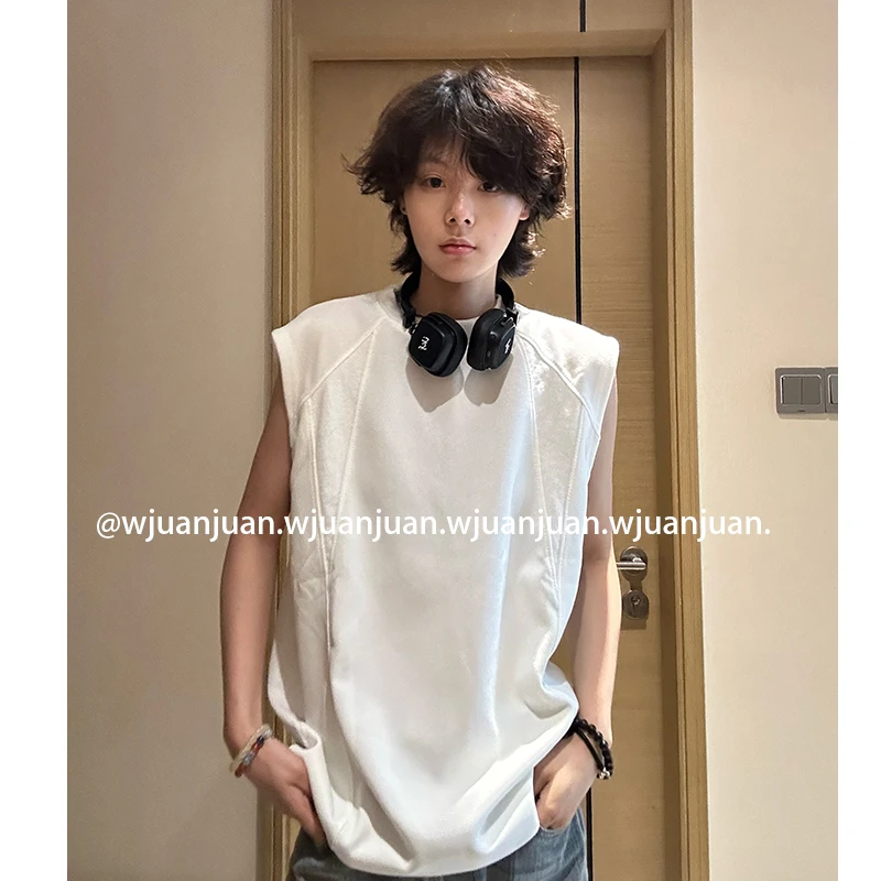 『WJUANJUAN』夏季美式休闲ovresize小领口男女宽松坎肩背心无袖T恤