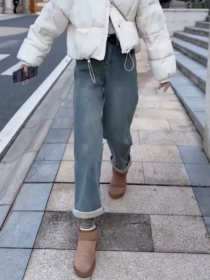 加绒加厚显瘦直筒牛仔裤女高腰九分阔腿裤5616