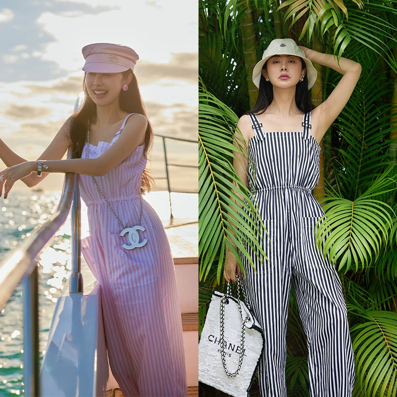 TRACYCHU新款CHICGIRL高纱支闪钻棉粉白条多穿法百搭款时尚背带裤