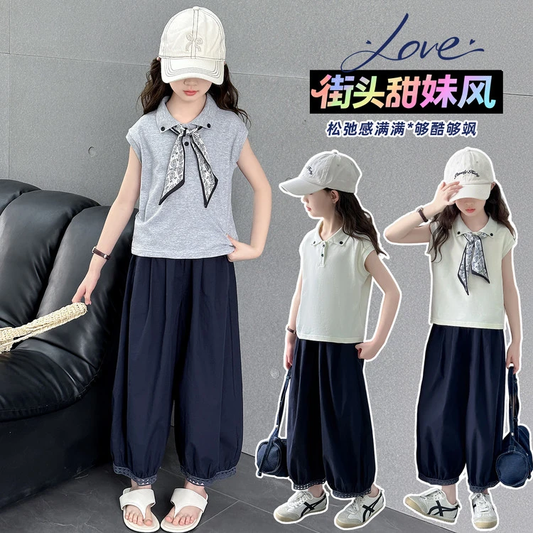 女童丝巾短袖九分裤套装2025新款夏季大童洋气poloT恤防蚊阔腿裤t