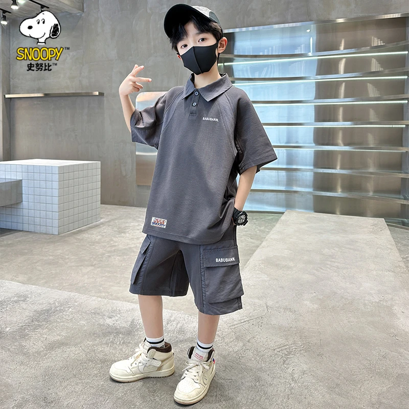 Snoopy/史努比男童夏季套装中大童短袖T恤两件套儿童男孩帅气衣服