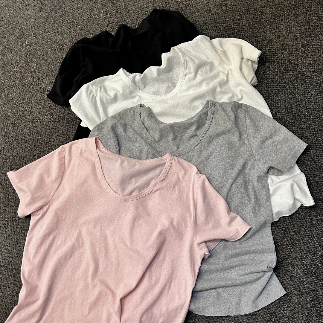 【塔鹿蕾】25年新款简约百搭舒适水洗棉磨破U领短袖T恤X001