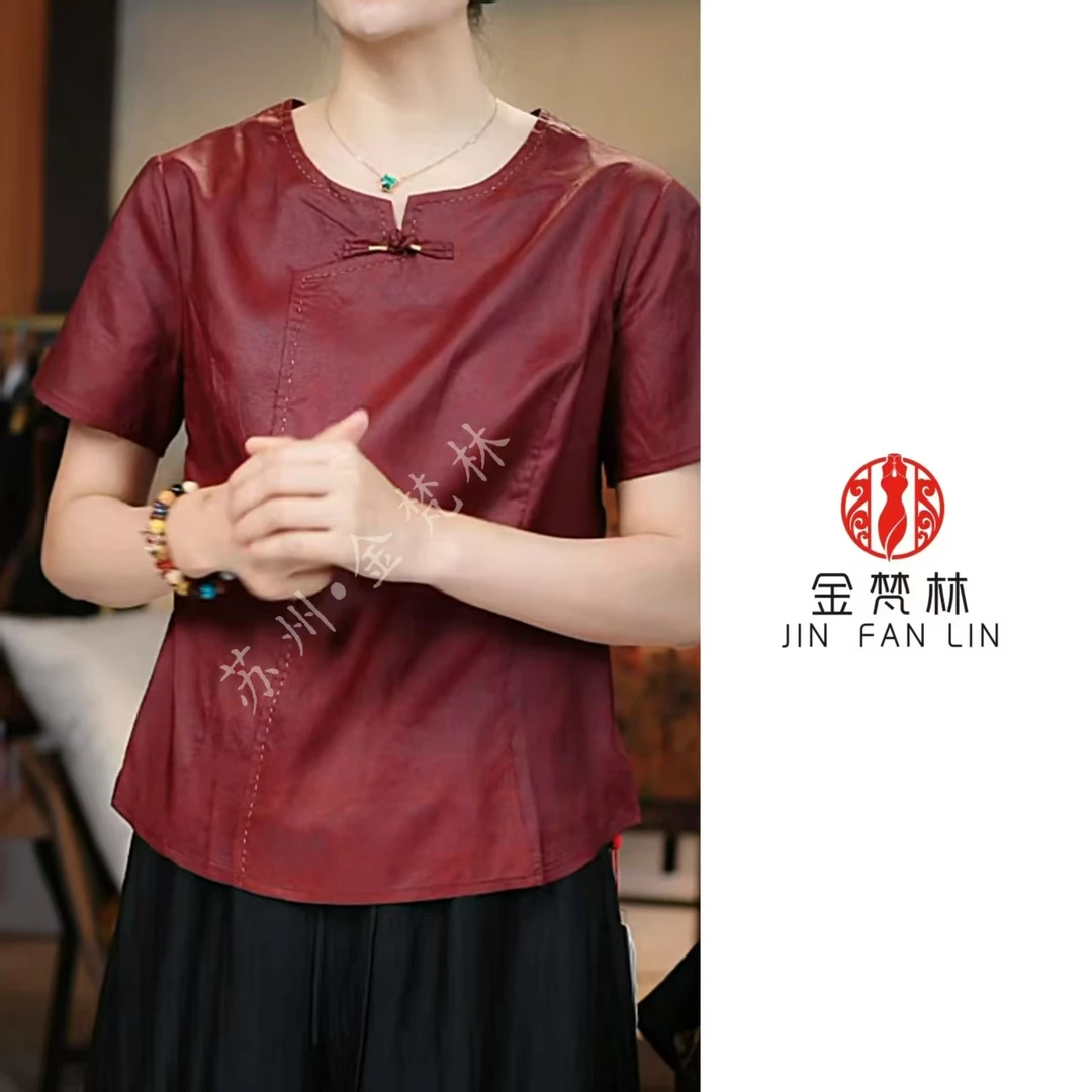【一抹江南】珍藏版新中式国风桑蚕丝红龟老料金线盘扣圆领短袖上衣