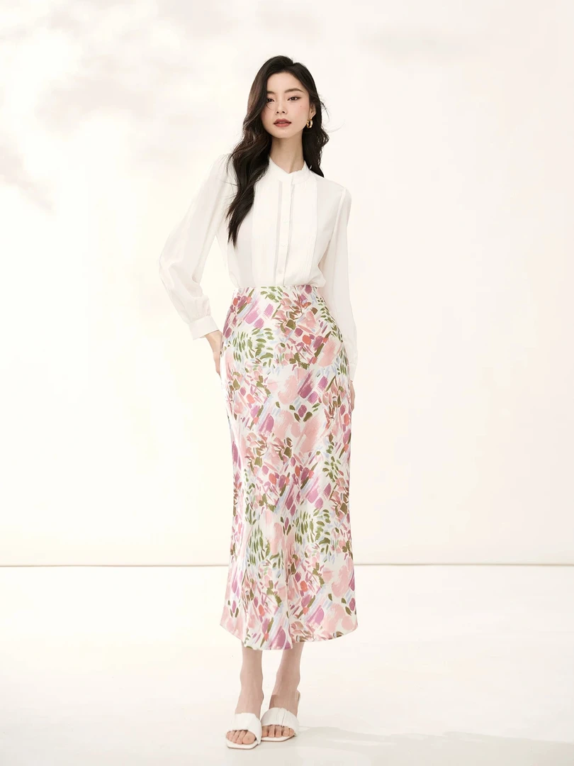 2025春夏新款真丝碎花半身裙女高腰显瘦气质休闲A字裙桑蚕丝长裙