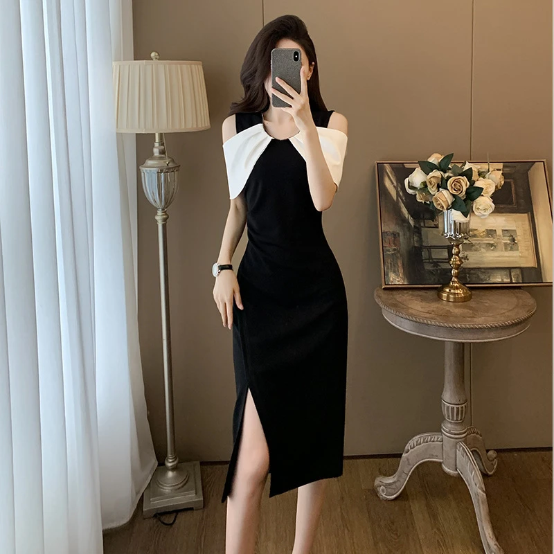 时尚优雅气质V领露肩连衣裙女夏撞色拼接假两件开叉