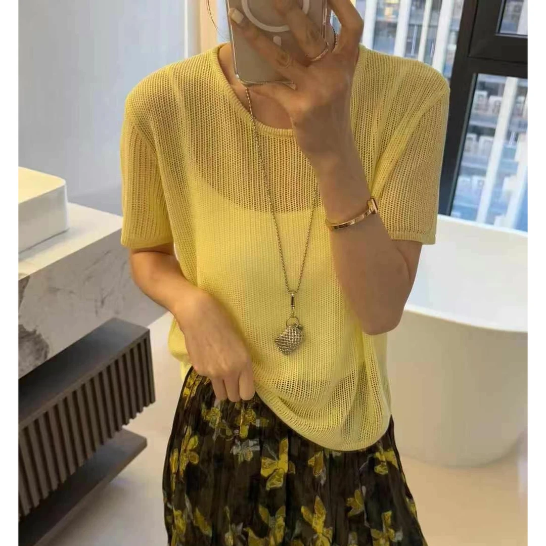 芳芳家【糖果】夏日多巴胺~简约冰感韩版显瘦百搭短袖圆领针织上衣