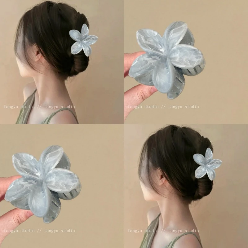 水墨画~蓝白色系纹理抓夹高级感盘发抓神器后脑勺女发量多鲨鱼夹