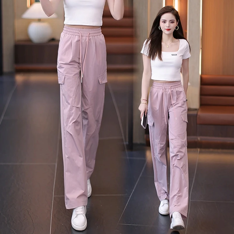 冰丝速干工装裤女夏天薄款2025新款宽松休闲直筒裤美式运动阔腿裤