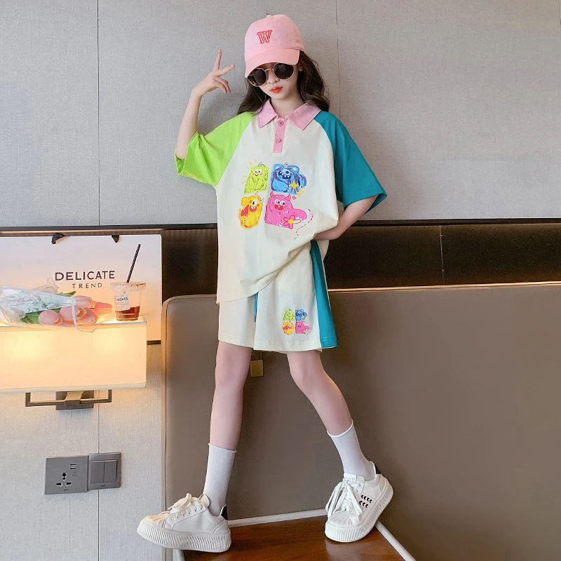 女童夏季套装2025新款洋气短裤大女孩多巴胺短袖t恤运动夏装