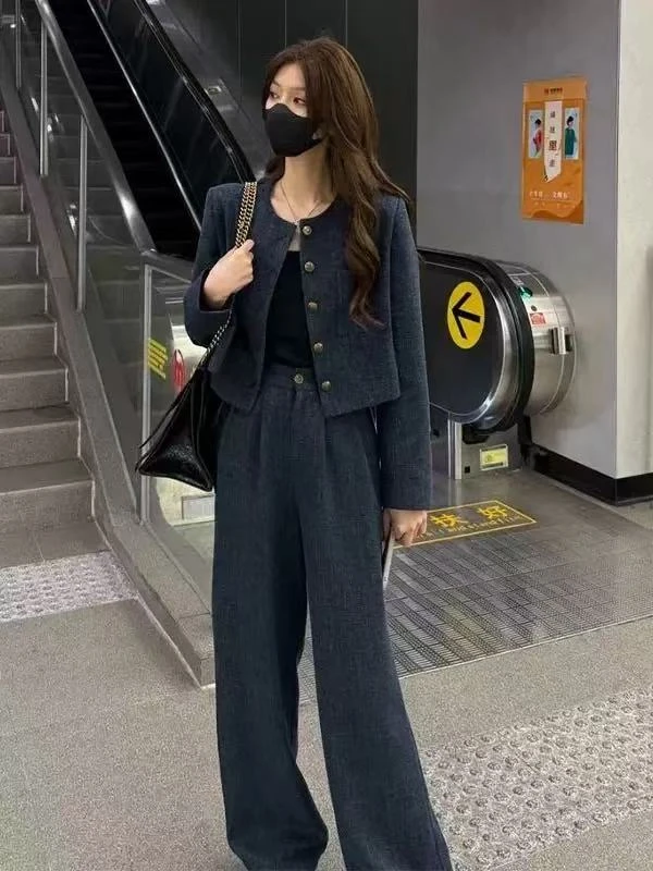 小香风套装高级气质秋季休闲圆领高腰阔腿裤牛仔风格女AM25629