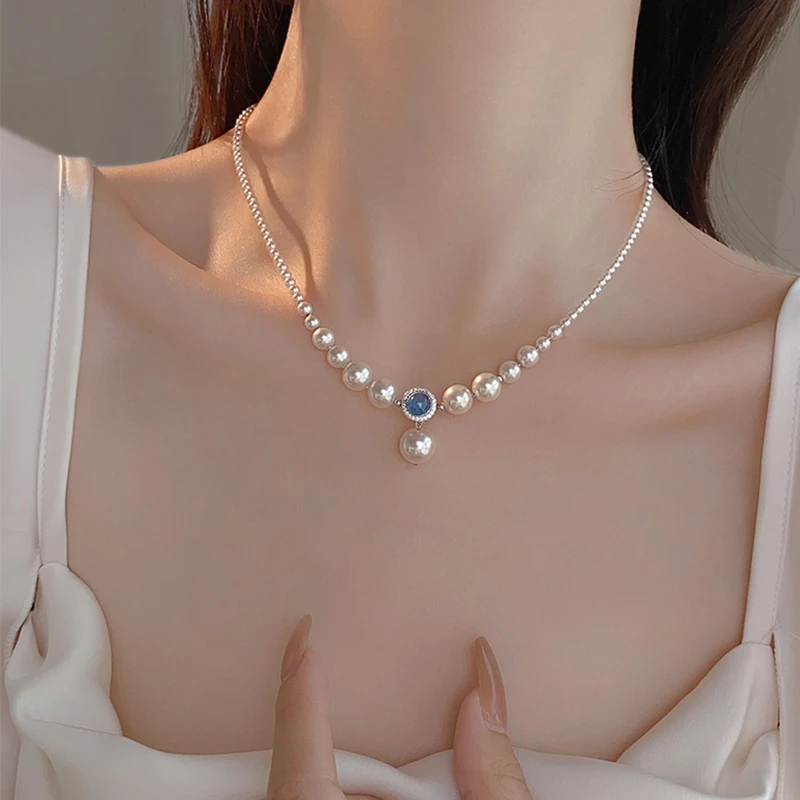 链子925银合成锆石 海之蓝施家珠轻奢百搭项链女生坠链小众设计感