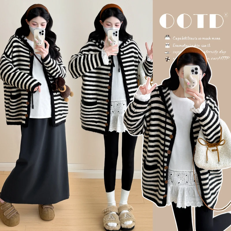 孕妇针织秋冬条纹连帽慵懒风毛针织衫中长款毛衣宽松显瘦两件套