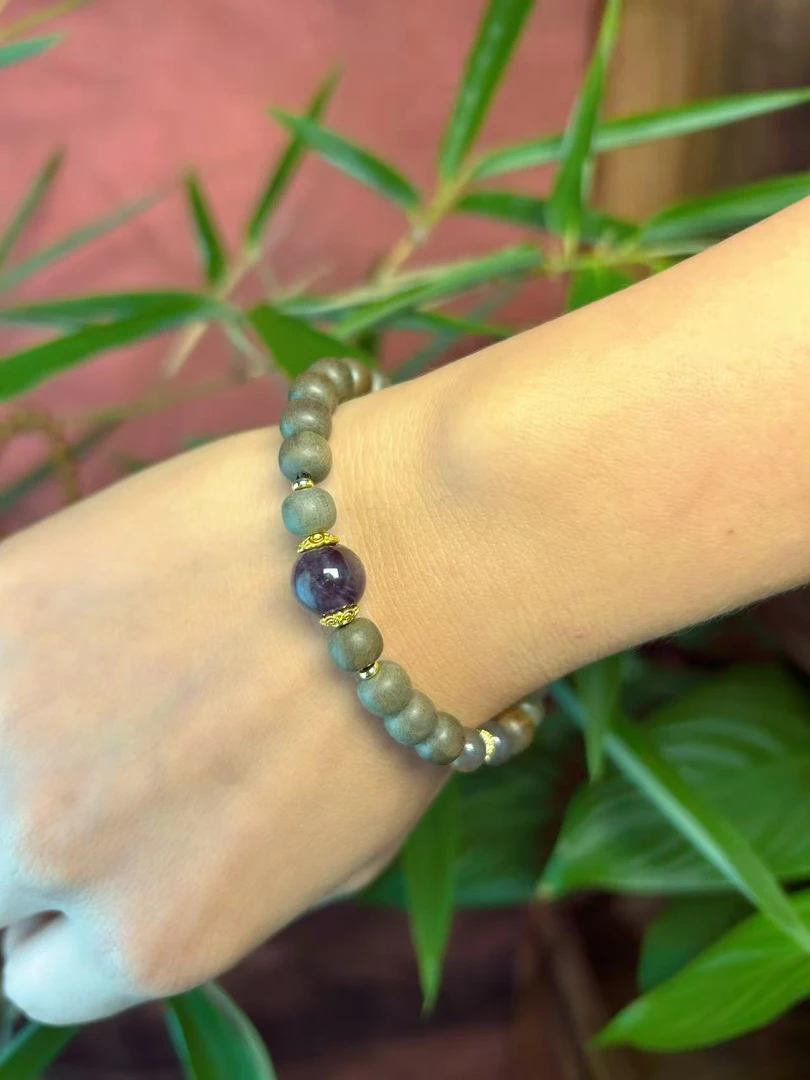 阴沉老山檀香苹果珠8mmDIY紫水晶单圈檀香手串