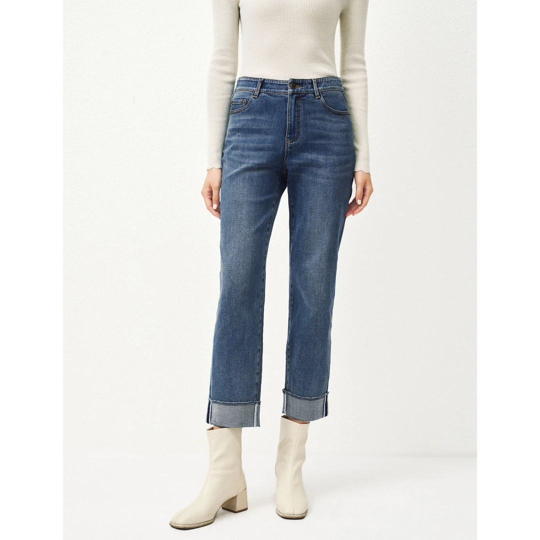 【C】2024年秋冬款丹宁风翻折通勤九分牛仔款时尚直筒裤