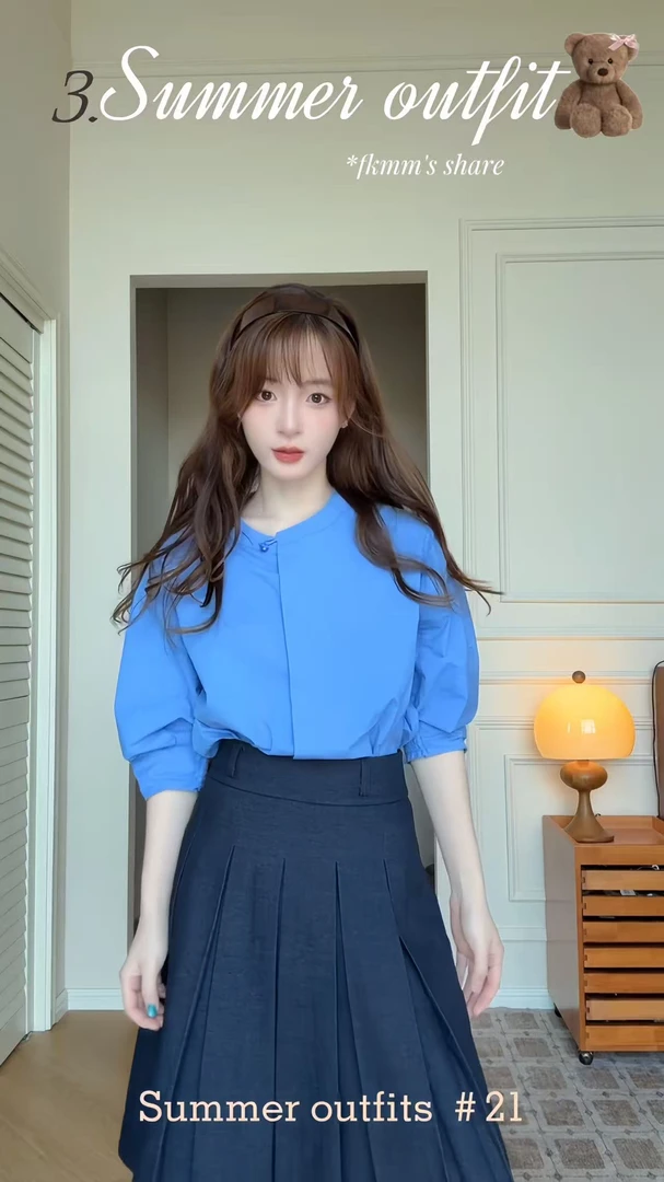 2025夏季新款韩系多巴胺穿搭蓝色圆领衬衫搭配半身裙时尚两件套女