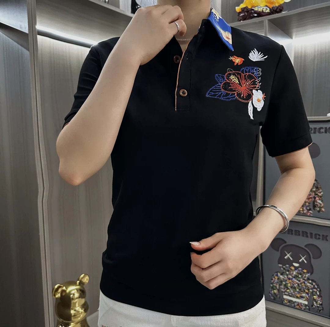 2025夏季Polo男士轻奢时尚小碎花半袖潮流修身翻领商务百搭F730