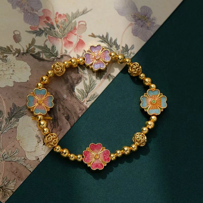 铜合金手链 【隆金】古法珐琅四叶花扭扭珠手链四花洋溢旋气质时尚