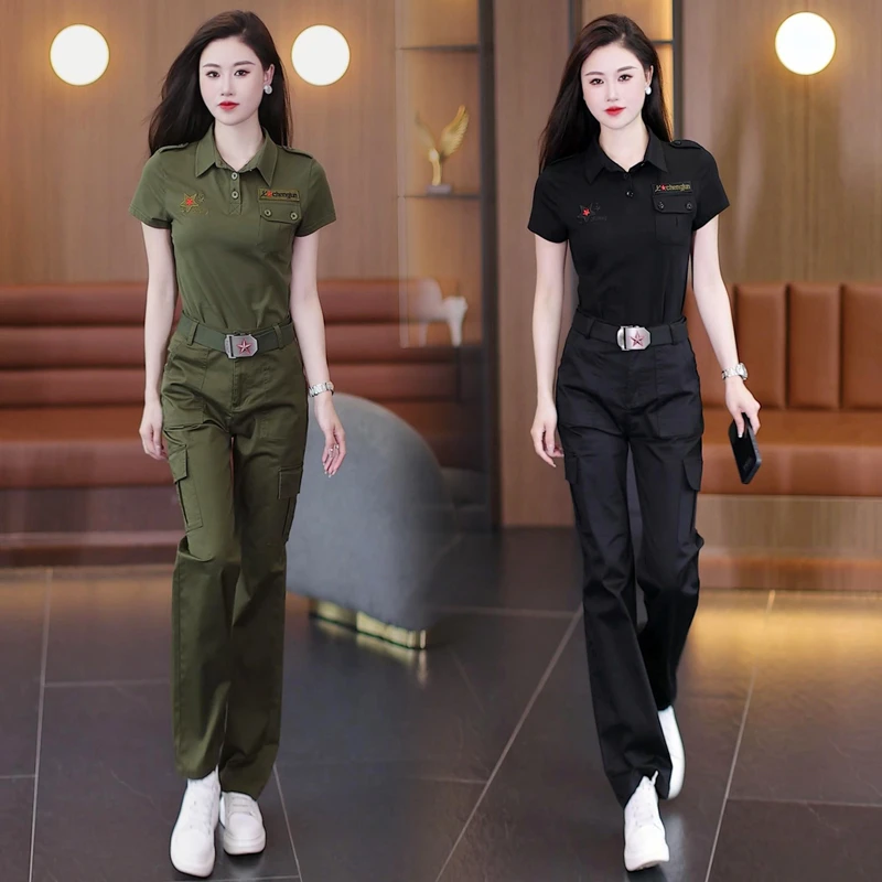 军旅风短袖宽松版直筒裤套装显瘦休闲女装新款时尚工装阔腿裤军绿