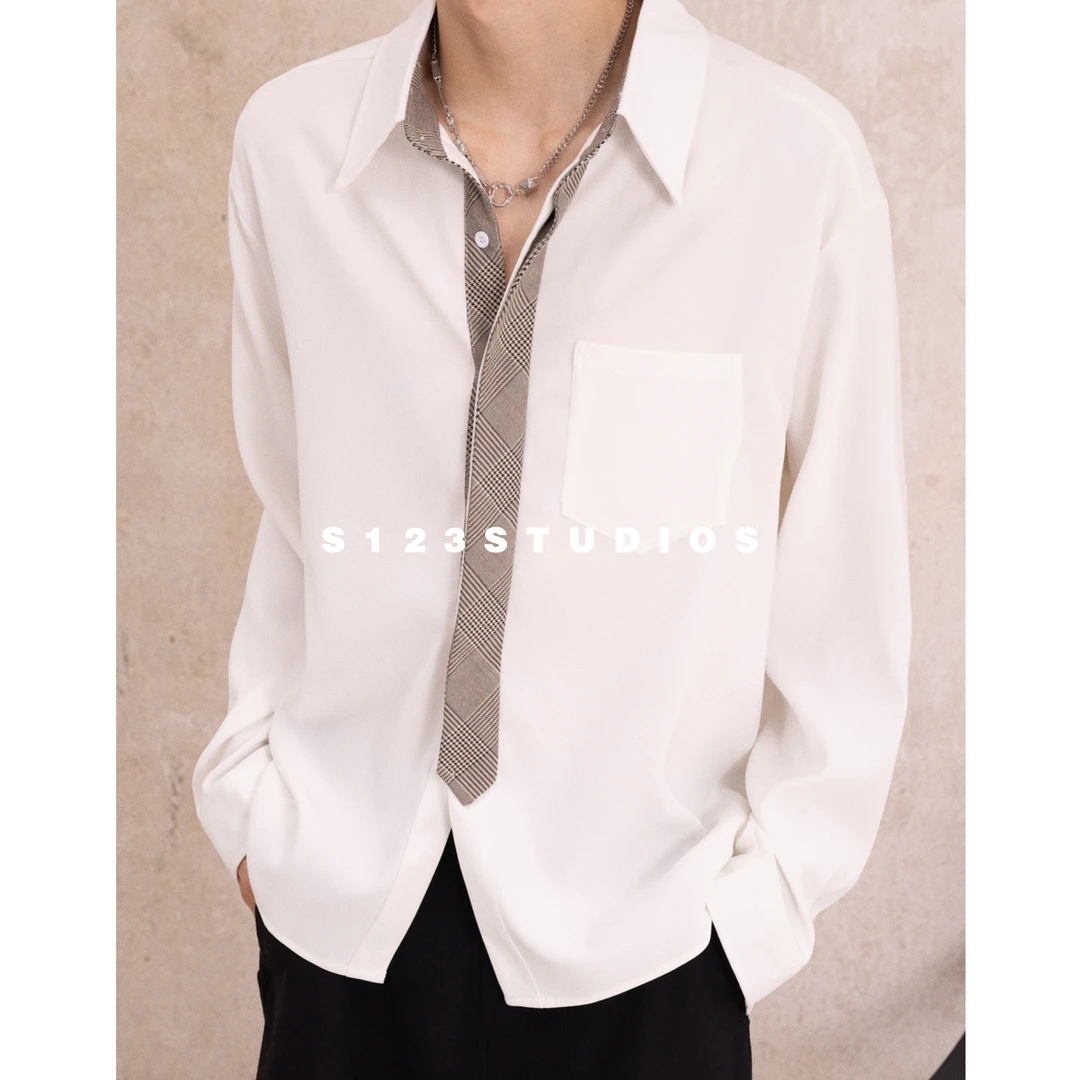 S123 2025秋季新品 假领带撞色设计长袖衬衫学院风简约休闲上衣男