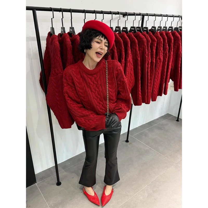 秋冬慵懒风松弛感红色绞花毛线衣韩系高级感毛衣女可外穿针织衫女