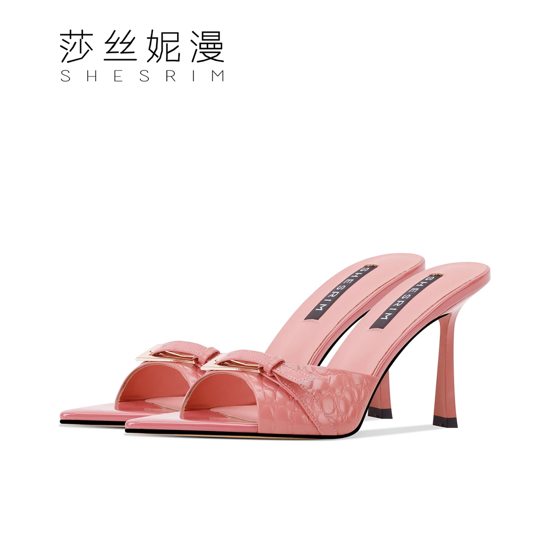 SHESRM2025夏季凉拖女尖头女士细跟露趾半拖时尚百搭真皮高跟拖鞋