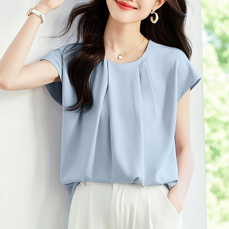 时尚短袖雪纺衫女士夏装新款宽松休闲减龄小衫别致洋气不规则上衣